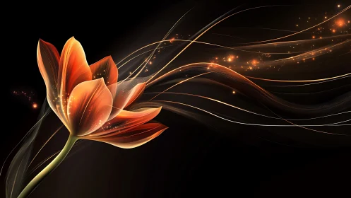 Digital Tulip with Flowing Light Streams Against Black