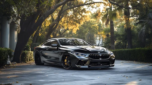 Black BMW coupe parked on tree lined driveway at sunset.