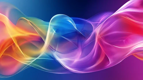 Prismatic silk waves drifting across a neon twilight sky.