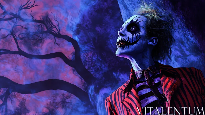 Striped ghoul laughs under twisted neon night sky.