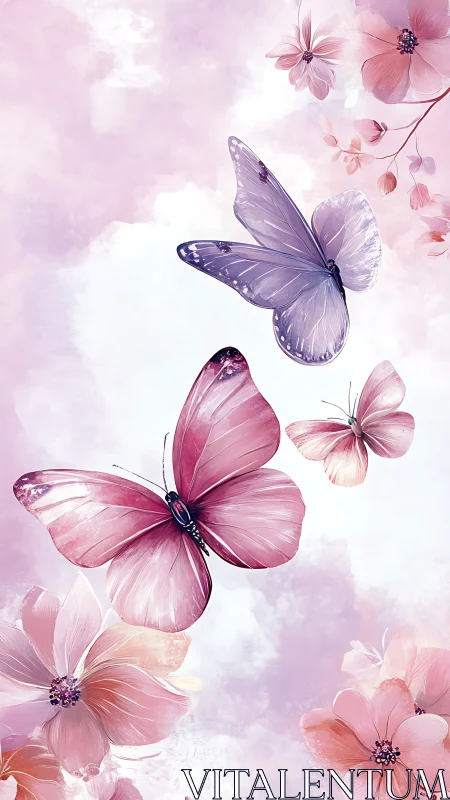 Butterflies drift gracefully above soft pastel blossoms in light