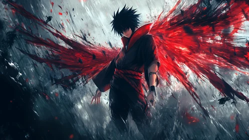Dark-clad figure with red energy wings in stormy field.