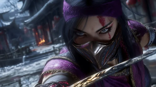 Fierce masked warrior locks eyes in a snowbound temple duel