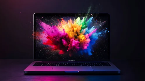 Colorful digital explosion bursts from a sleek laptop screen