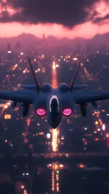 Stealth jet rear view over dusk city with glowing afterburners