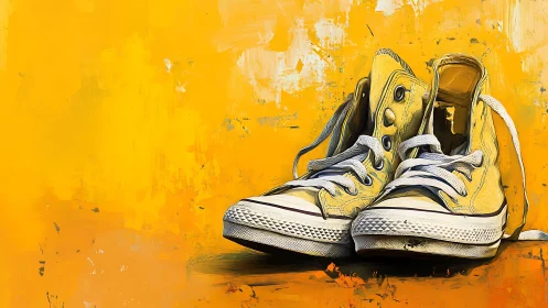 Worn yellow canvas sneakers against textured yellow ground.