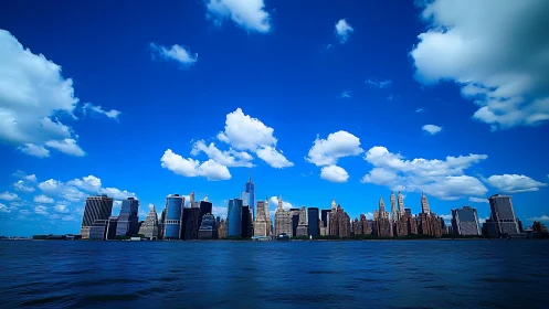 Bright blue skyline over calm city waterfront daydream.