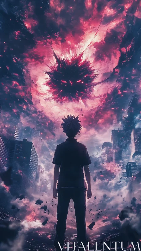 Backlit anime figure confronts apocalyptic vortex over ruined city