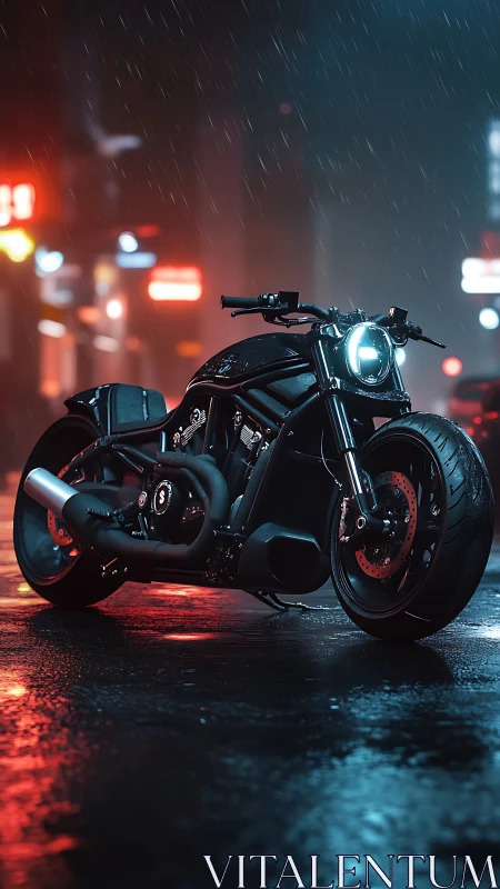 Custom black street motorcycle under neon city rainlight.