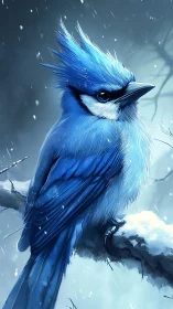 Blue Jay in Winter Snow - Digital Art Portrait.