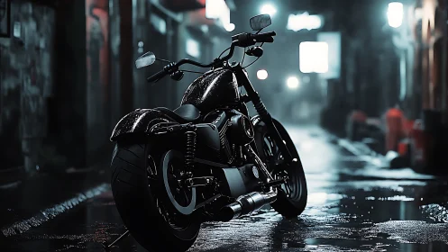 Black cruiser motorcycle stands on wet night city alley
