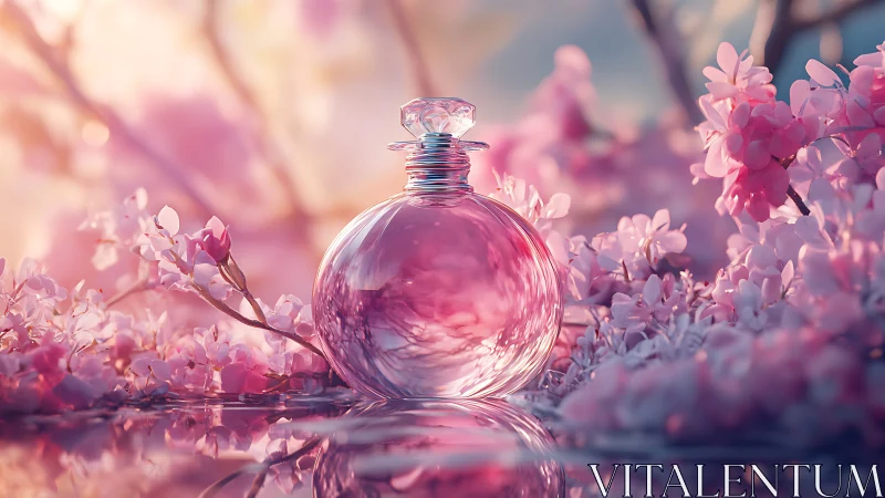 Pink glass perfume bottle amid glowing cherry blossoms.