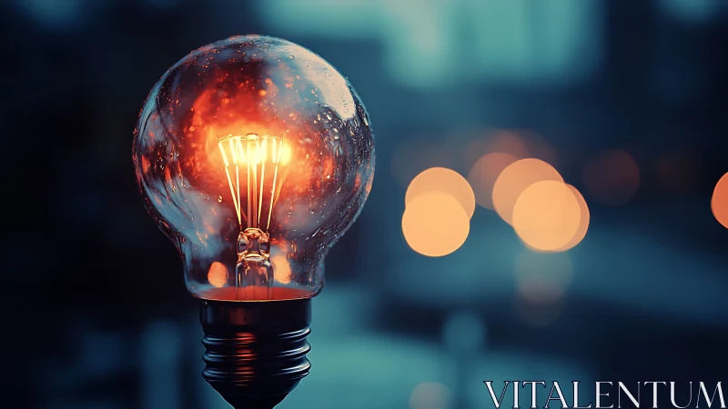 Glowing light bulb close up against blurred city bokeh.