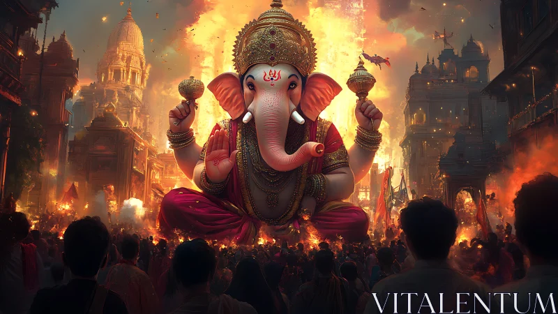 Majestic Lord Ganesha ascends above a fiery festival city