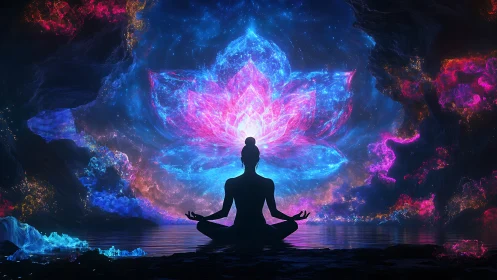 Cosmic meditator blooms within a luminous nebula lotus.
