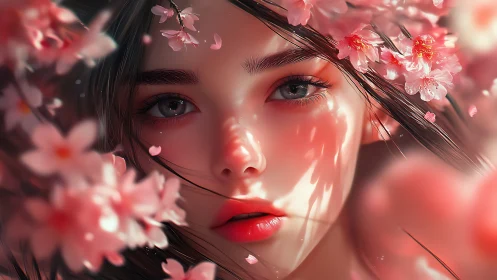 Soft spring gaze framed by dreamy cherry blossoms.