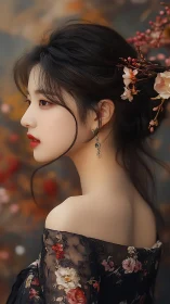 Autumn muse in floral silk gazes through a painted hush.