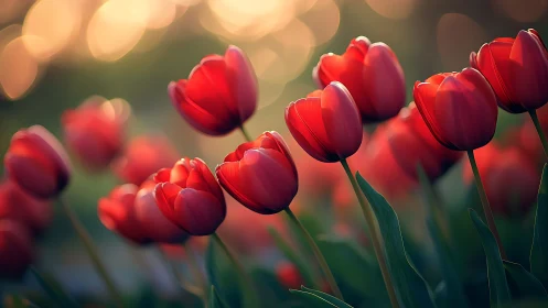 Red Tulips in Golden Light: Soft Focus Garden Study.
