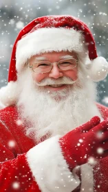 Joyful Santa Claus smiles warmly amid falling snowflakes