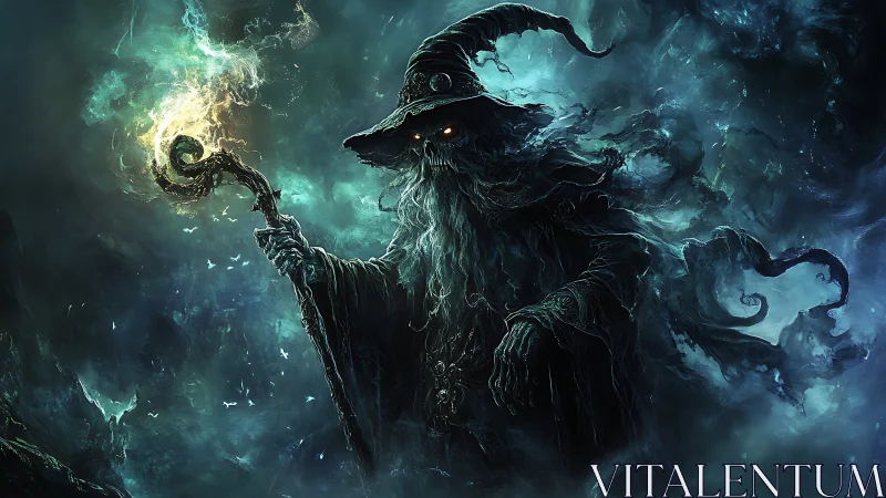 Stormlit wizard wandering through swirling midnight fog.