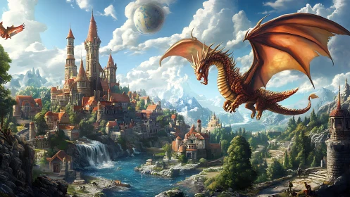 Majestic dragon circles sprawling castle city in sunlight.