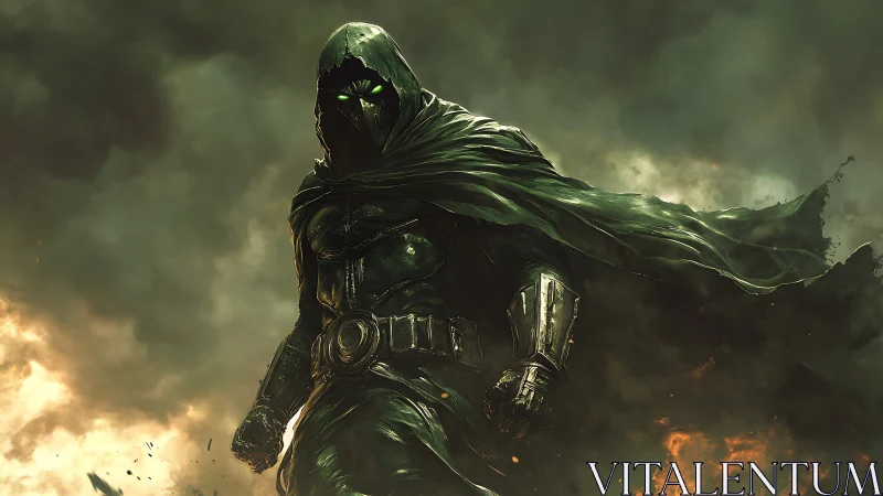 Hooded armored figure strides through burning storm clouds