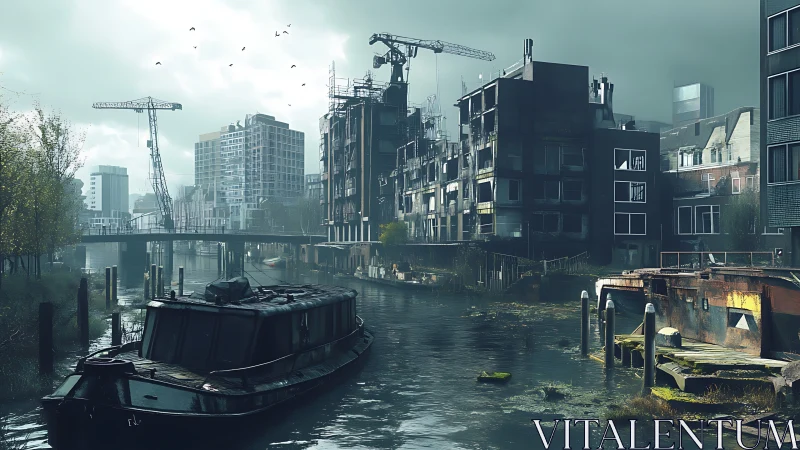 Quiet canal drifts through a misty, crumbling cityscape