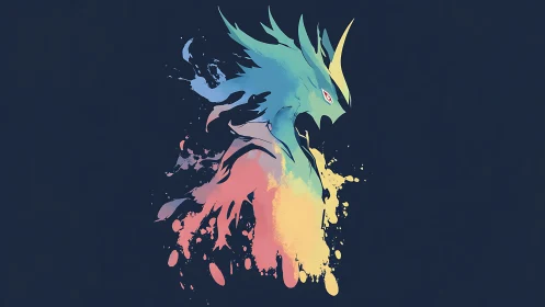 Abstract dragon silhouette with fluid splash colors.