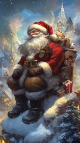 Santa resting on snowy rooftop above glowing village.