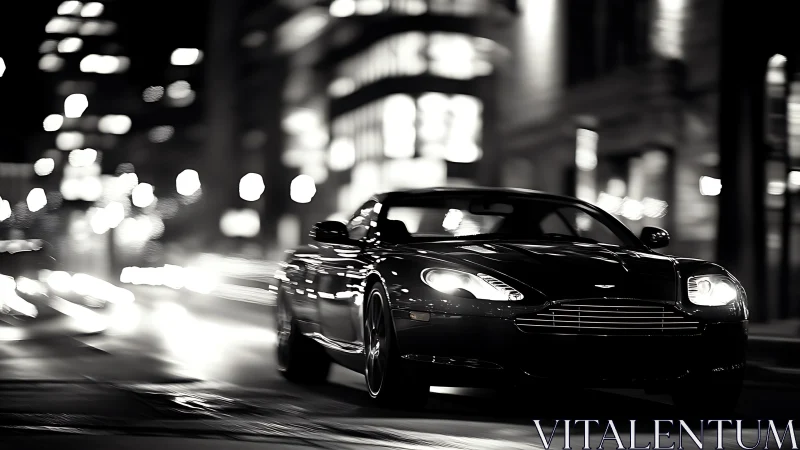 Black sports car moves through blurred city street at night