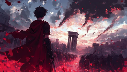 Cloaked figure observing marching army in burning cityscape.