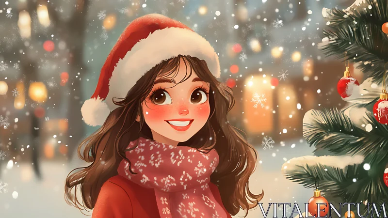 Smiling girl in Santa hat enjoys snowlit Christmas evening