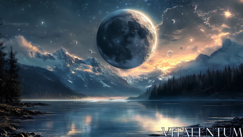 Celestial moonrise over alpine lake in high-detail fantasy rendering