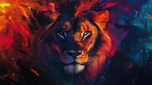 Symmetric lion portrait emerges from high-contrast chromatic flames