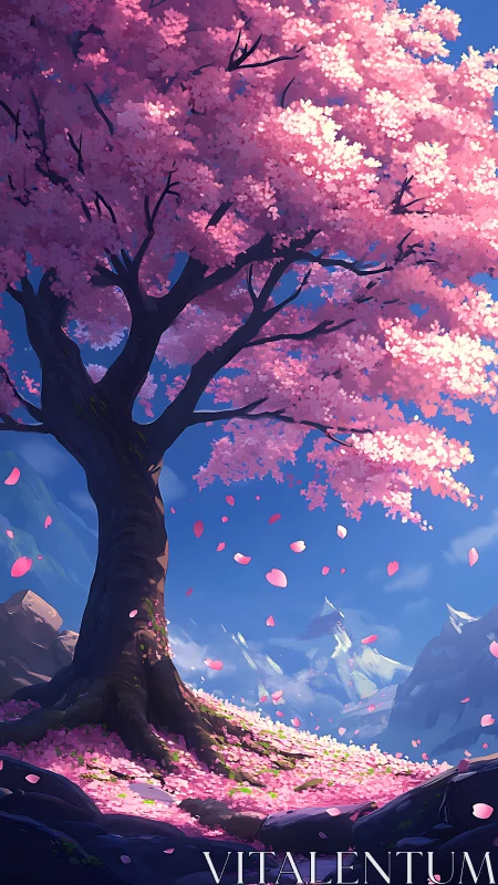 Cherry blossom tree above rocky slope in bright daylight.