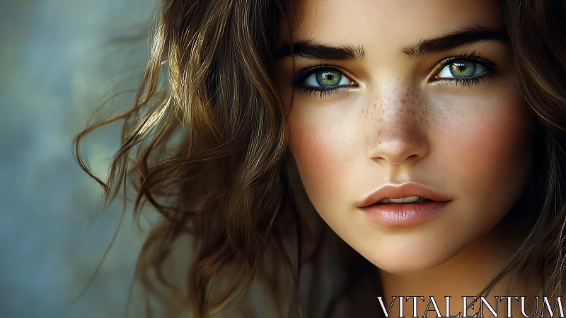 Photorealistic portrait of green eyed woman with freckles.