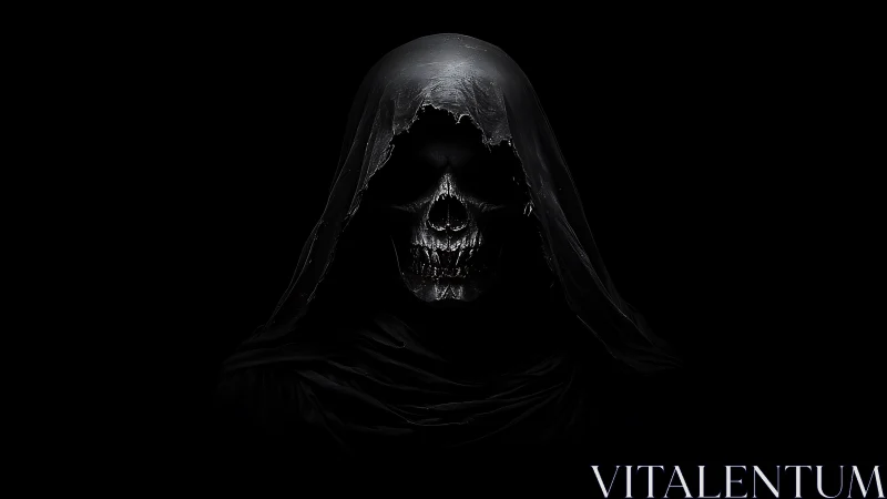 Shrouded skeletal reaper emerging from deep black void.