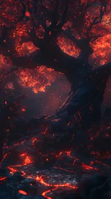Molten Tree Blazes Against Darkness with Fiery Veins