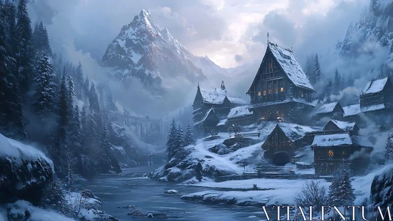 Snowbound mountain village glows warmly under icy twilight.