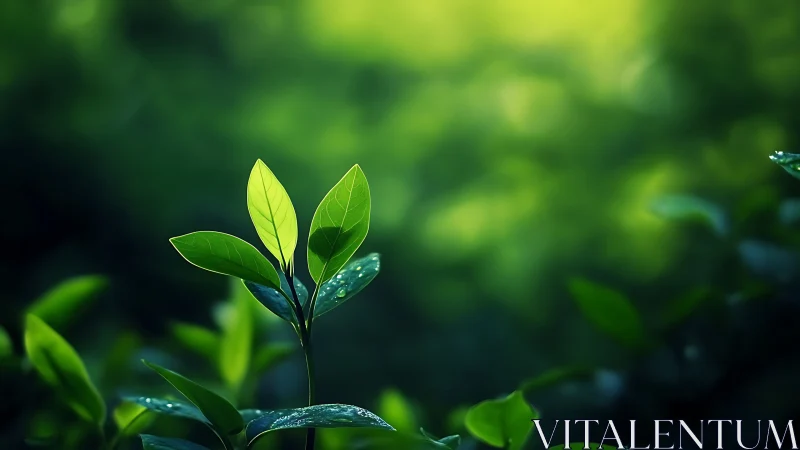 New leaves catch morning light over deep green bokeh.