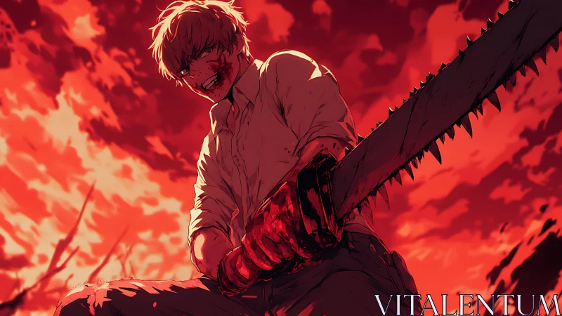 Bloodied anime fighter grips chainsaw against red sky.