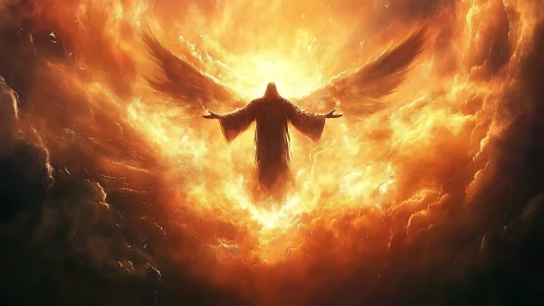 Radiant winged figure ascends through incendiary cloud vortex
