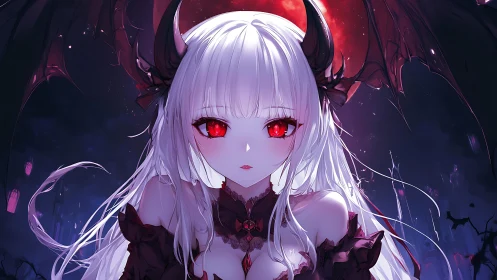 Vampire demon girl under blood moon with crimson gaze.