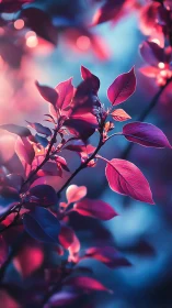 Branch foliage in pink and blue gradient lighting.