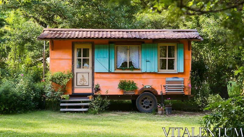 Charming orange tiny house nestles cozily in a lush garden