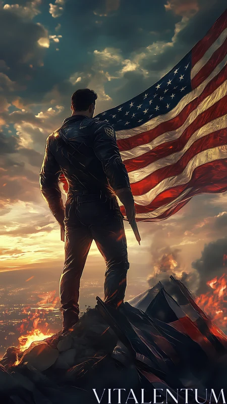 Backlit soldier on burning ridge holds wind-tensioned US flag