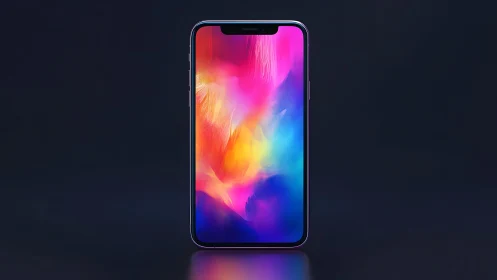 Modern smartphone with vibrant abstract display on dark background.