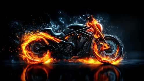 Fire-wreathed midnight motorcycle roaring through emberscape.