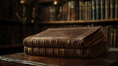 Two worn leather-bound books rest on a wooden library table
