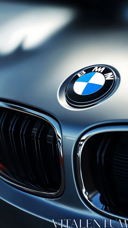 Close-up front grille and roundel on metallic silver sedan hood